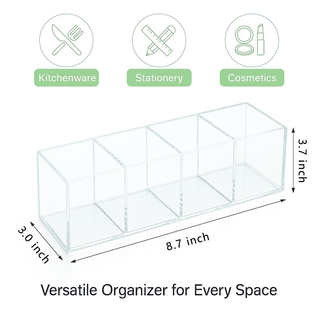 Clear Acrylic 4-Compartment Organizer Box, Large (8.7″ × 3.0″ × 3.7″) – Handc…