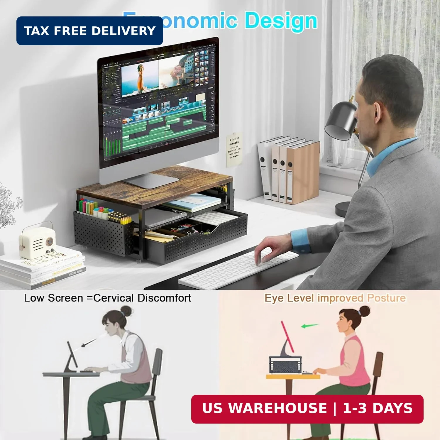 gianotter Desk Organizers and Accessories, Monitor Stand with Drawer and 2 Pen H