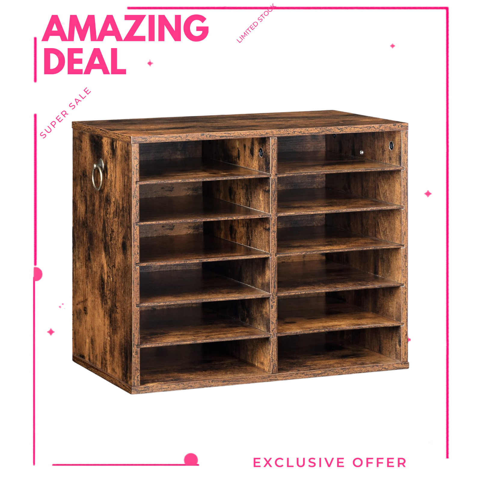 NEW 12 Compartment Wood Literature Organizer Mail Sorter Rustic Brown
