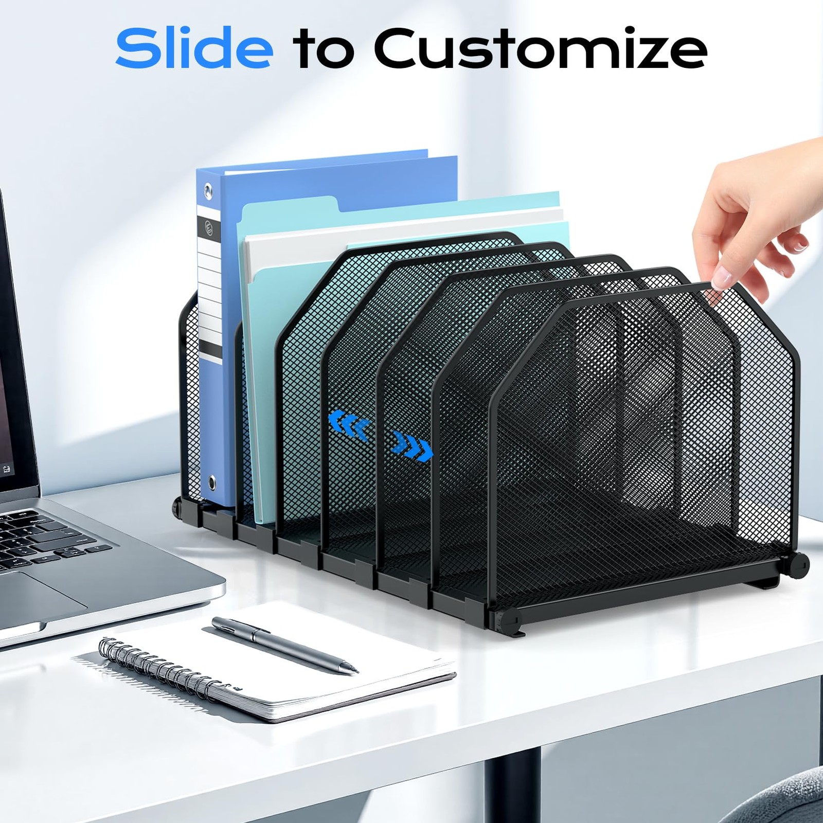 ZONGALL Adjustable File Organizer for Desk, 6 Sections Vertical Black
