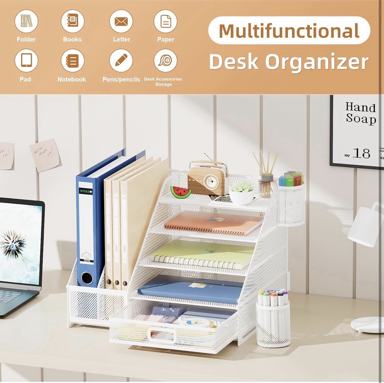 Desk Organizer w/ File Holder, 5-Tier Letter Tray w/ Drawer, Mesh White