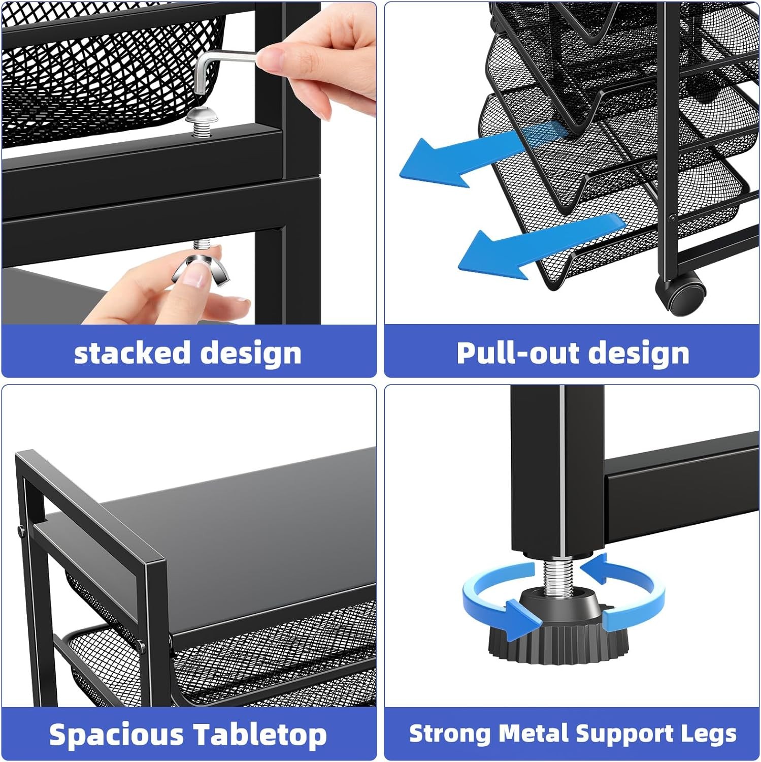 15-Tier Rolling File Cart, Desk File Organizer with 14 Mesh Sliding Trays,