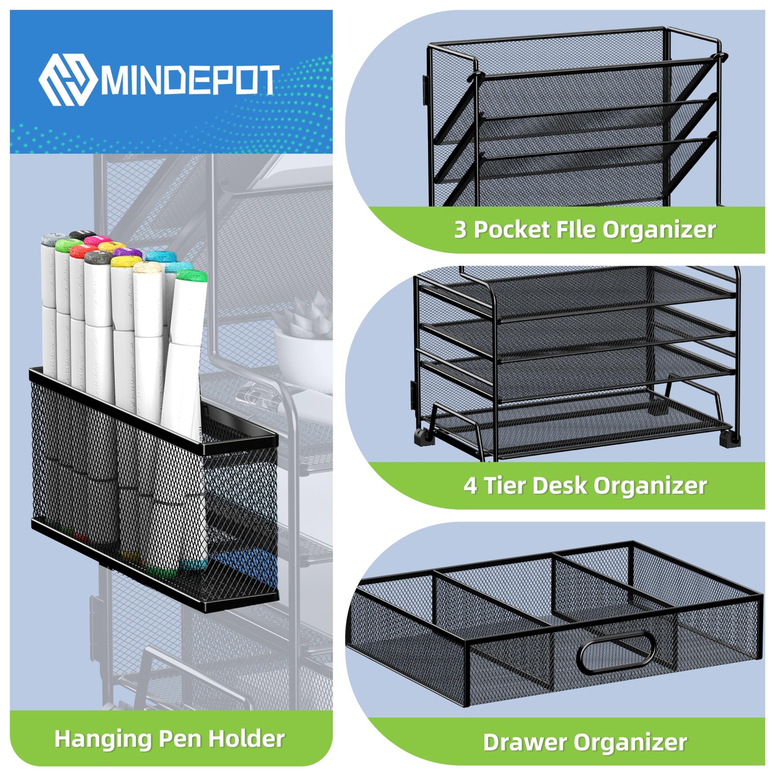 MINDEPOT 4Tier Paper Organizer + 3Pocket File Holder + Drawer + Pen Holders, …