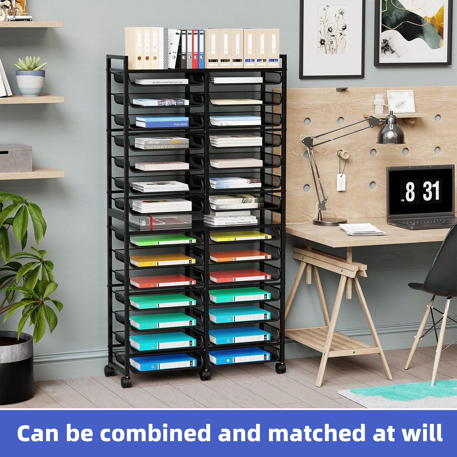 15-Tier Rolling File Cart, Desk File Organizer with 14 Mesh Sliding Trays,