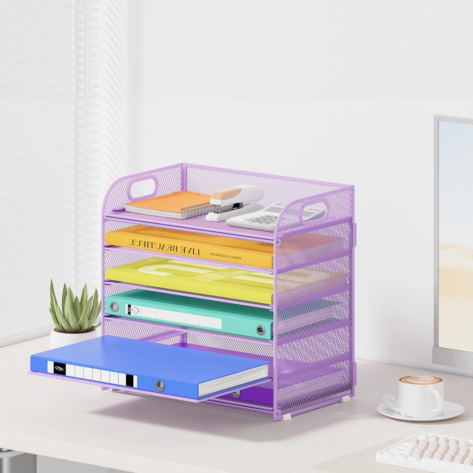 6 Tier Paper Organizer, Purple Letter Tray with Handle, Mesh Desk Organizer, …