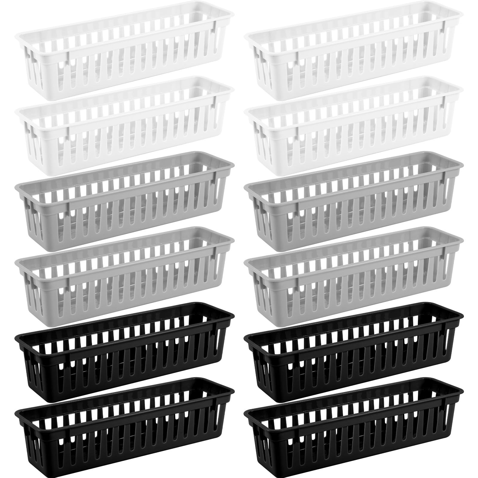 12 Pcs Black,White,Gray Slim Plastic Storage Baskets Tray 10 x 3 x 2.5 Inch C…