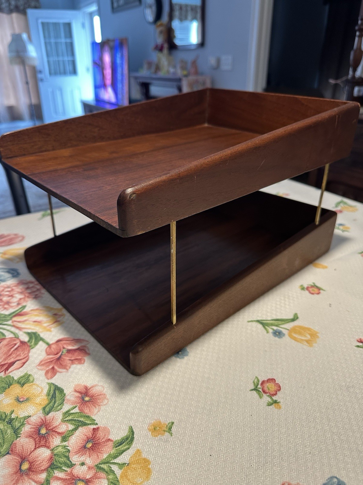 Vintage 60s MCM Midcentury Two Tier Walnut Letter Tray Brass File Holder Wooden