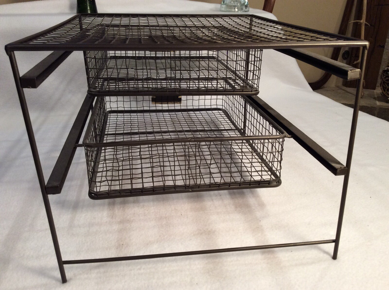 Vintage Metal Wire Office Desk Top File Paper Double Sliding Basket Storage Bin