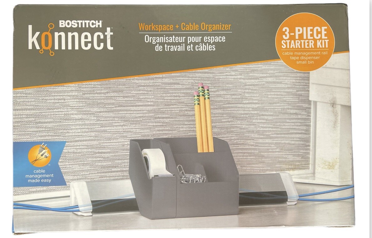 Bostitch Konnect Workspace Desk Organizer Cable Management 3 Pc Starter Kit Gray