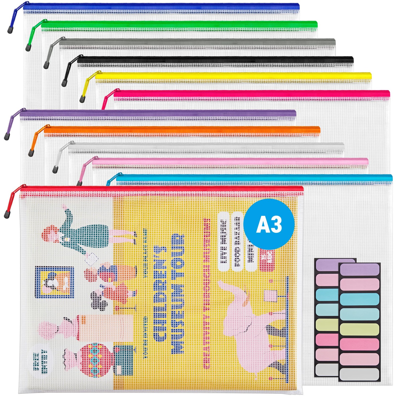 A3 (16.5×12.6 in, 12 Pcs) Mesh Zipper Pouch, 12 Colors Extra Large Zipper Bag…