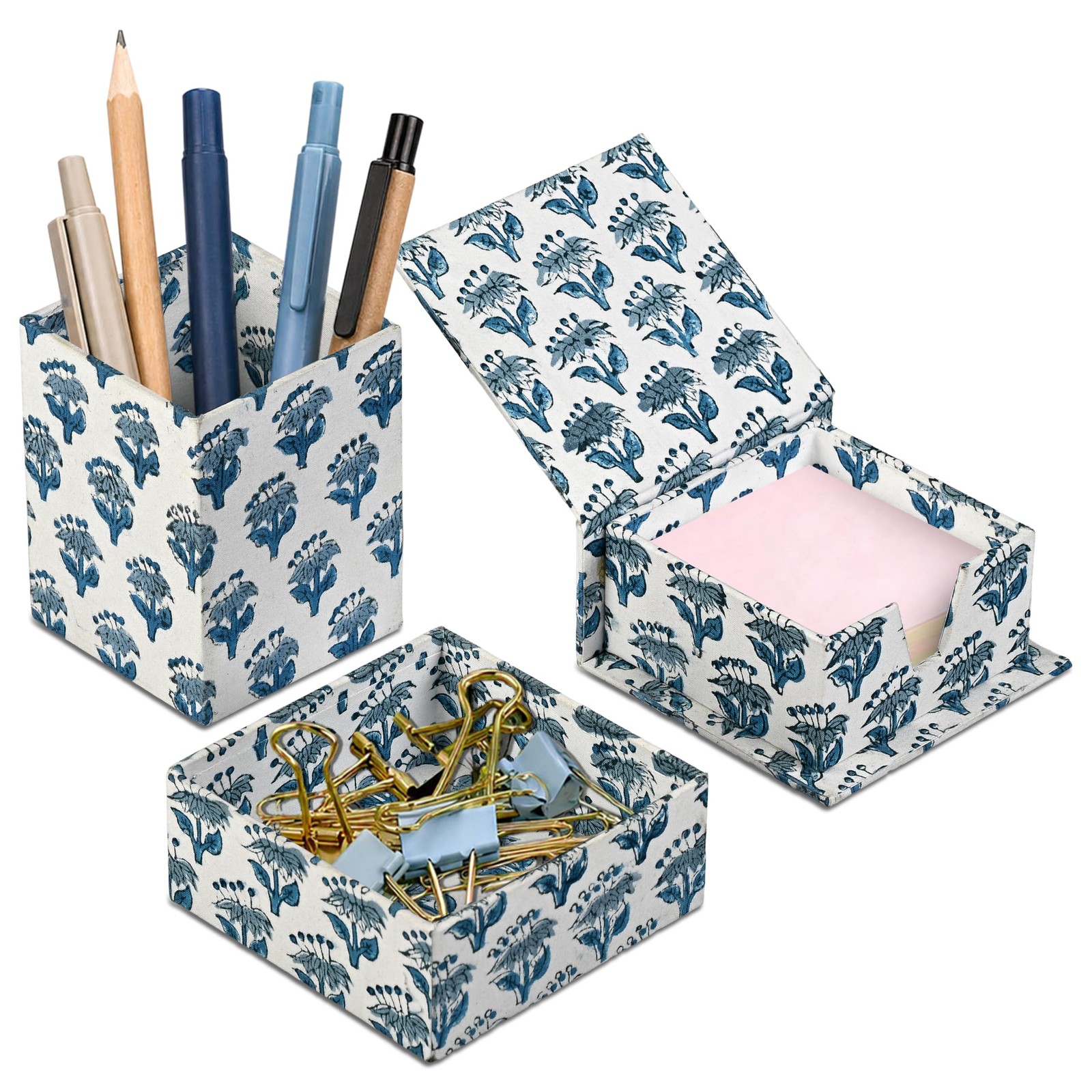 CPC Apatite Blue Block Print Set of 3 Desk Organizer Pen And Sticky Note Hold…