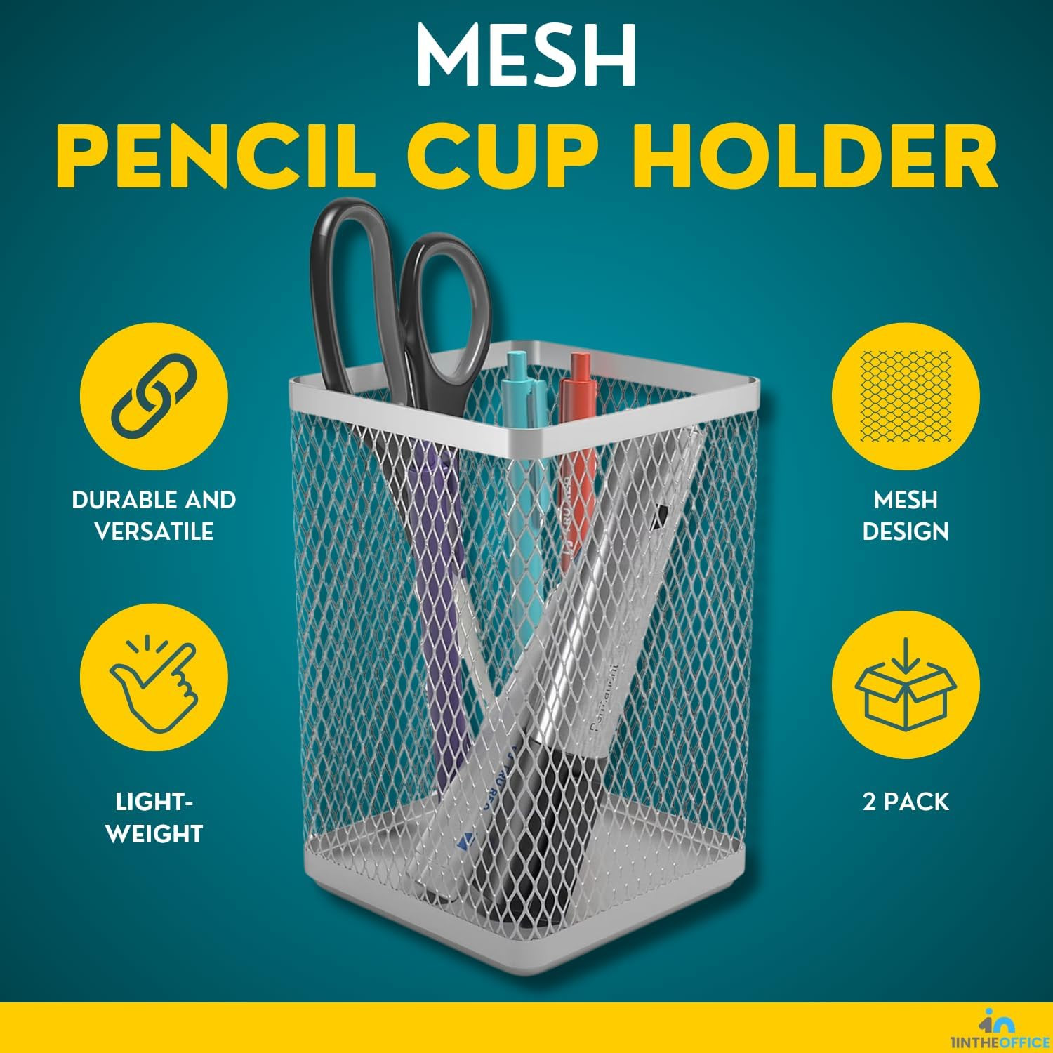 Large Pen Holder, Big Tall Pencil Cup, Silver Wire Mesh ”2 Pack”