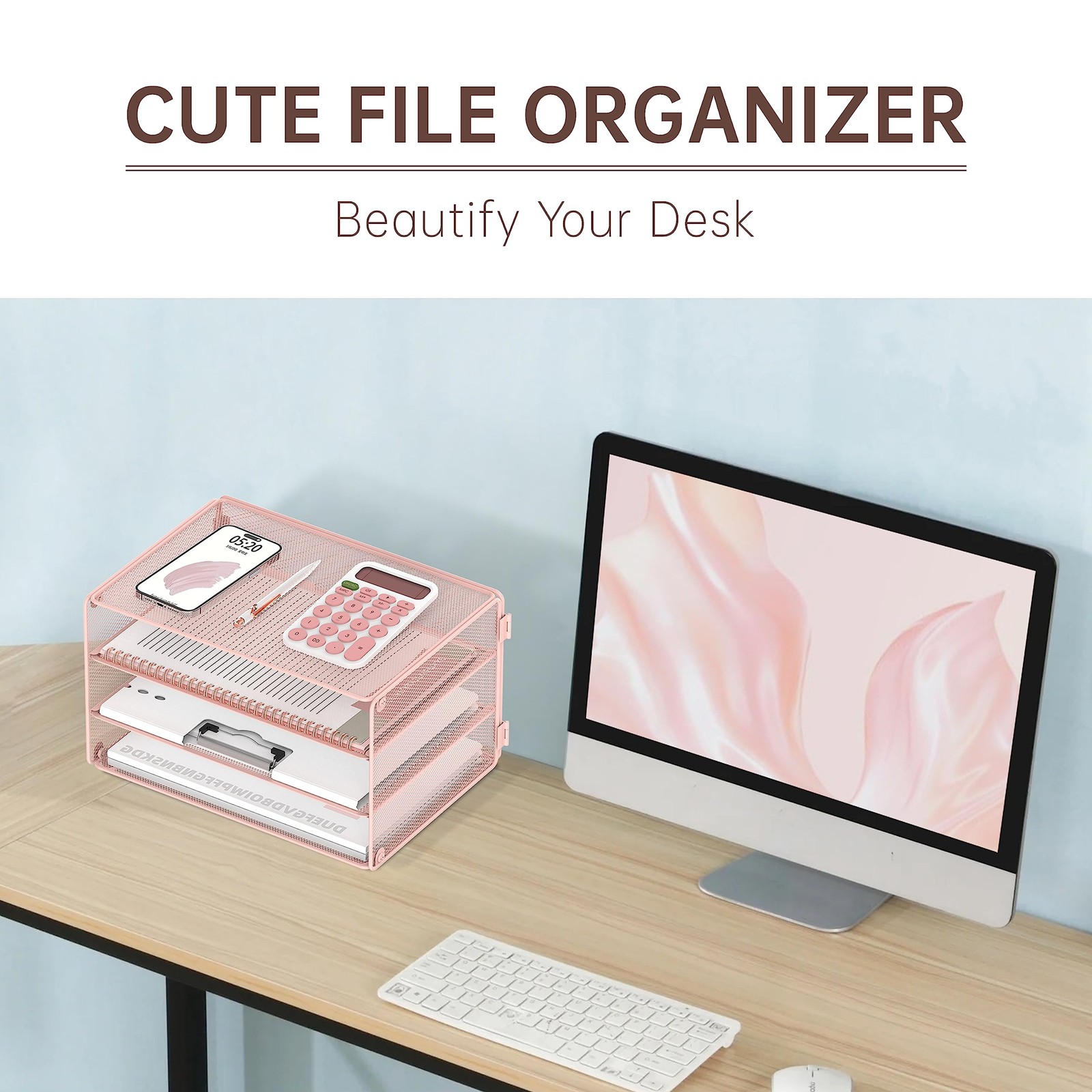 3 Tier Letter Tray Paper Organizer Mesh Metal Desk File Home Office Pink