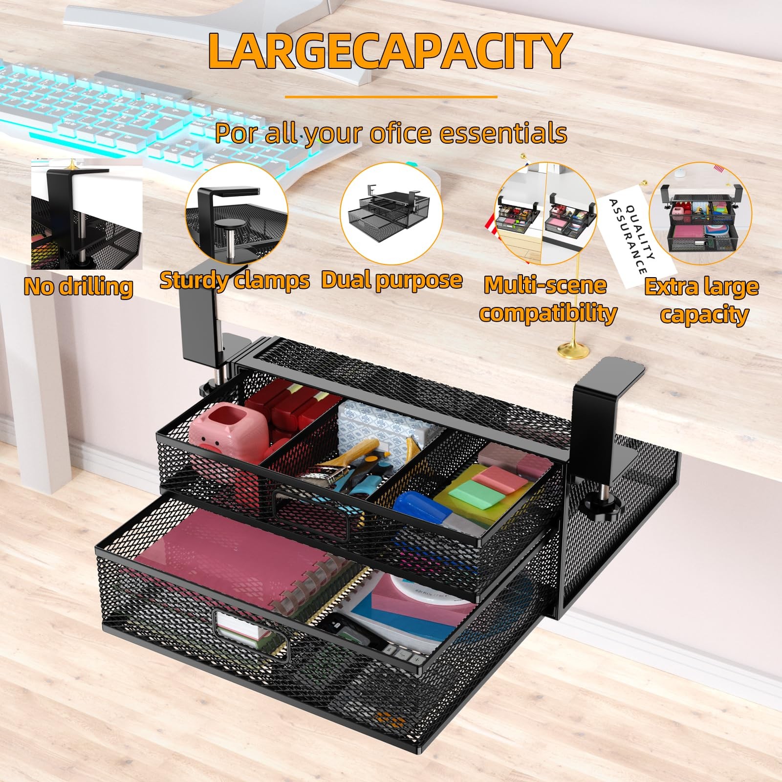 Cankm Under Desk Drawer Organizer No Drilling 2 Slide Out Black