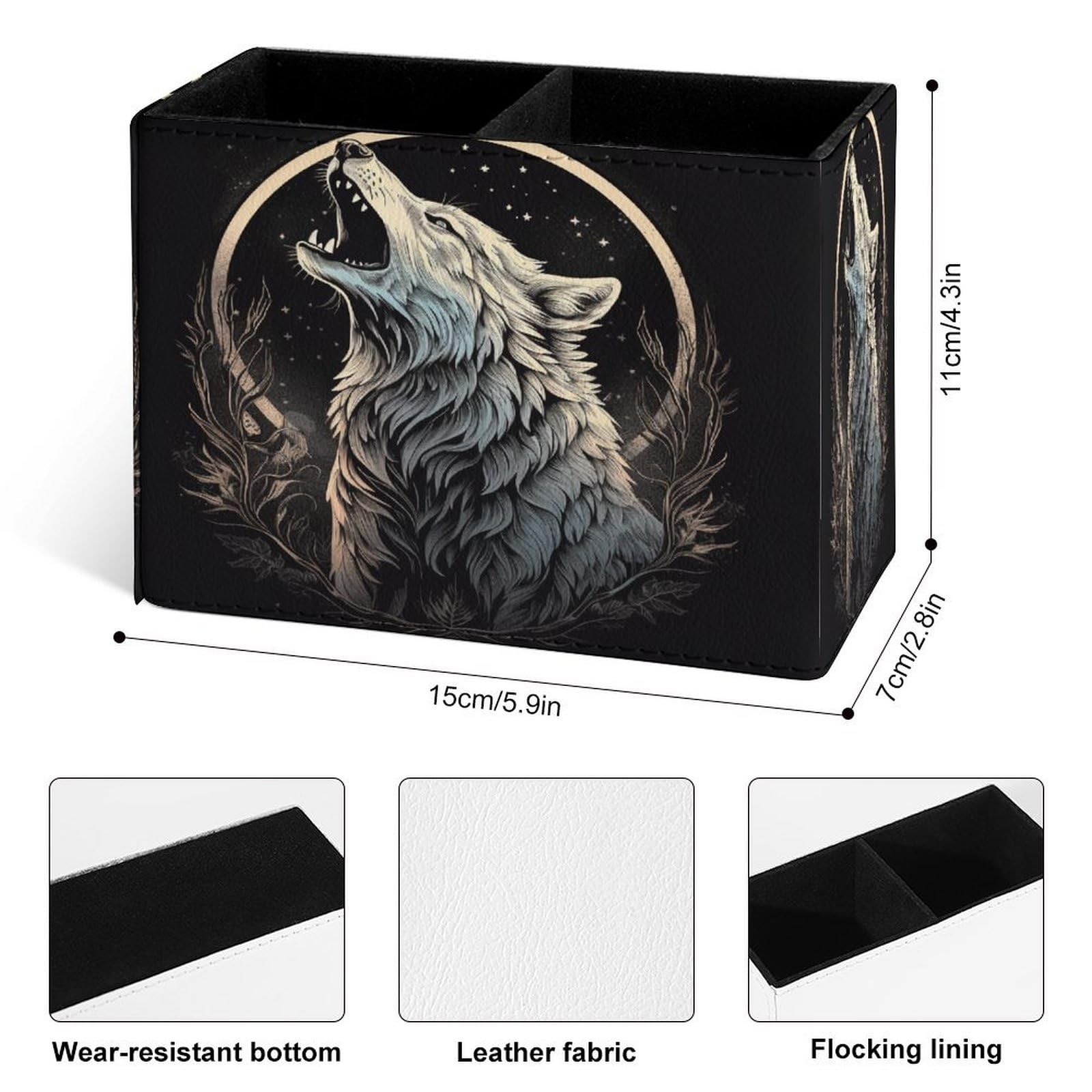 Howling Wolf Moon Pencil Holder for Desk, Leather Desktop Container Pen Cup S…