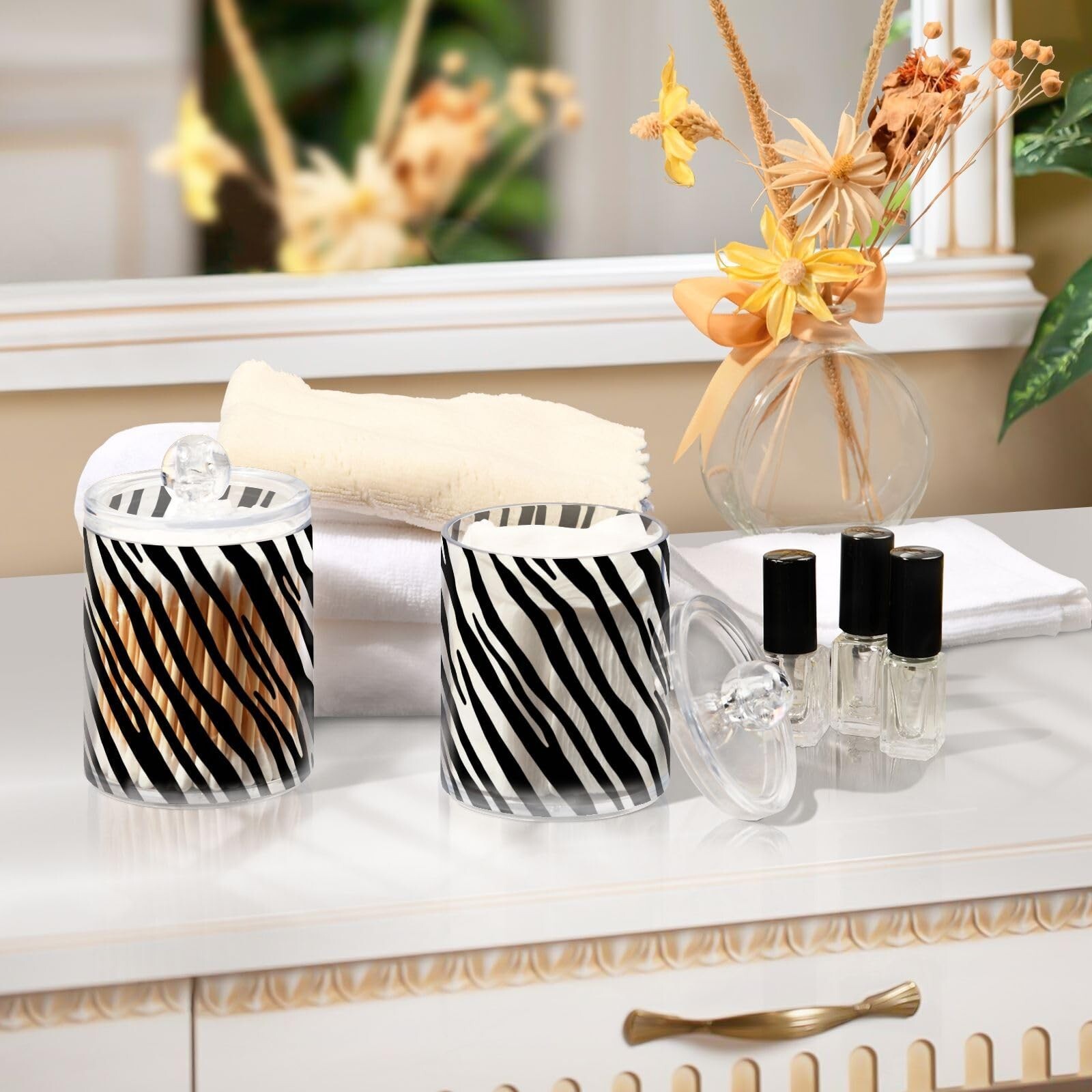 Zebra Print Black & White Qtip Holder Dispenser, Bathroom Organizer and Stora…