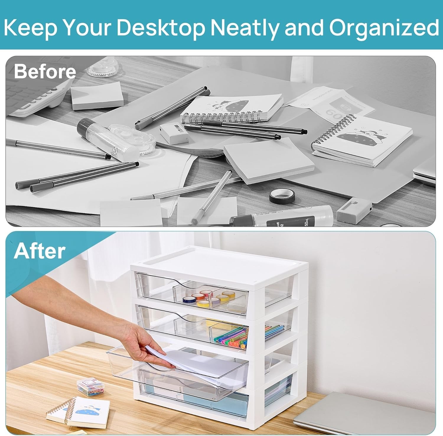 Clear Desk Organizer, 4-Tier Assemble Desktop File Organizer with Drawers, Of…