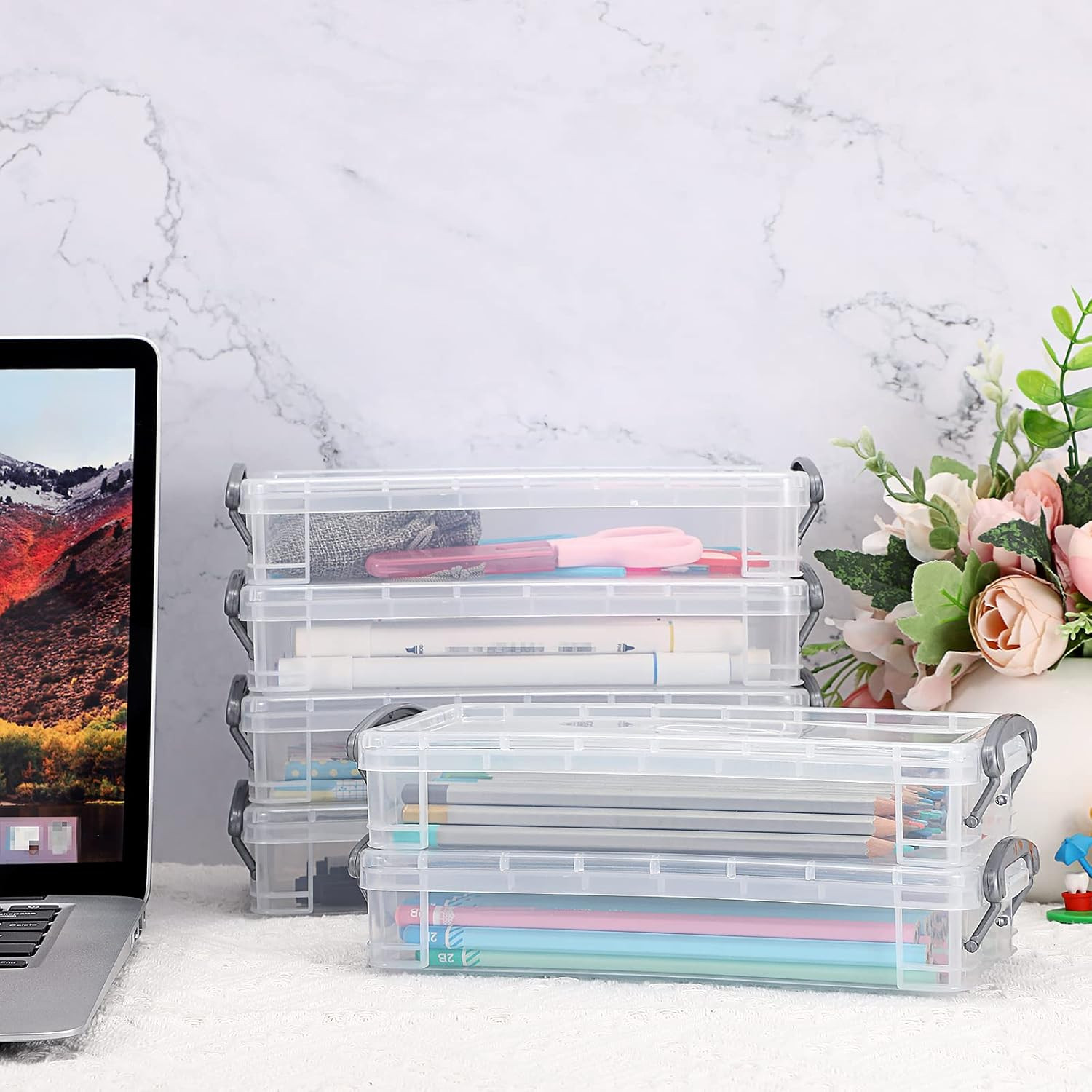 Large Pencil Box Set – 6 Clear Organizers for Art & Office Supplies