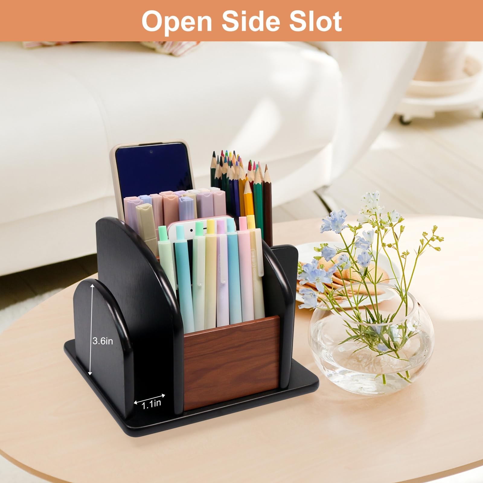 Wooden Remote Control Holder, 6 Compartments Wood Coffee Table Organizer