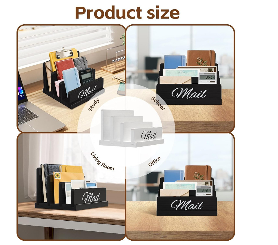 Wooden Desk Mail Organizer, 3-Slot Vertical Letter Sorter Office Desktop Holder