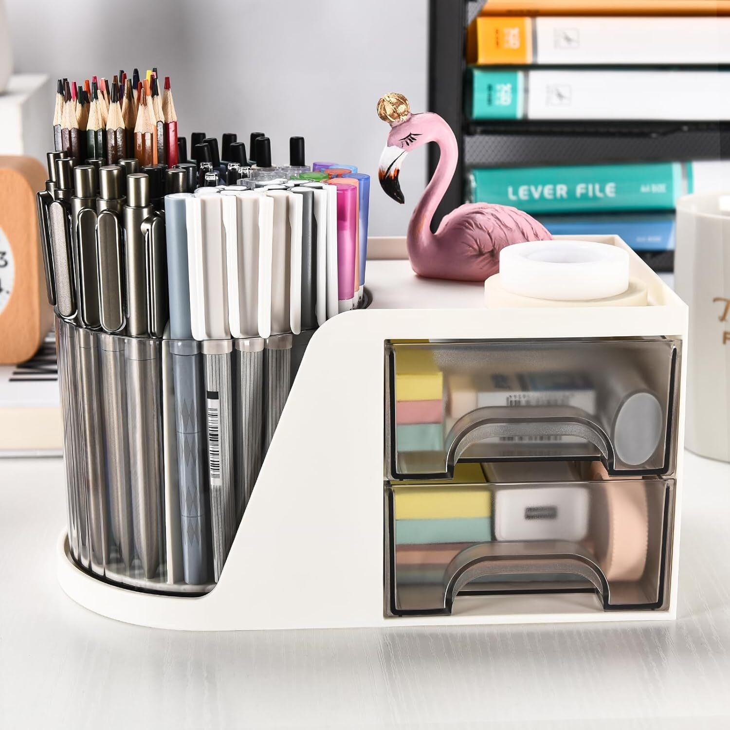 Rotating Desk Organizer with 2 Drawer Pencil Pen Holder for Desk Desk Organizers