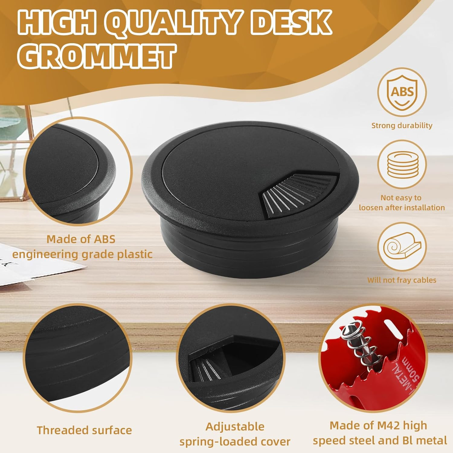 Desk Grommet 2 Inch (50 Mm) 10 Pieces, Desk Hole Cover for Cables Black, ABS Pla