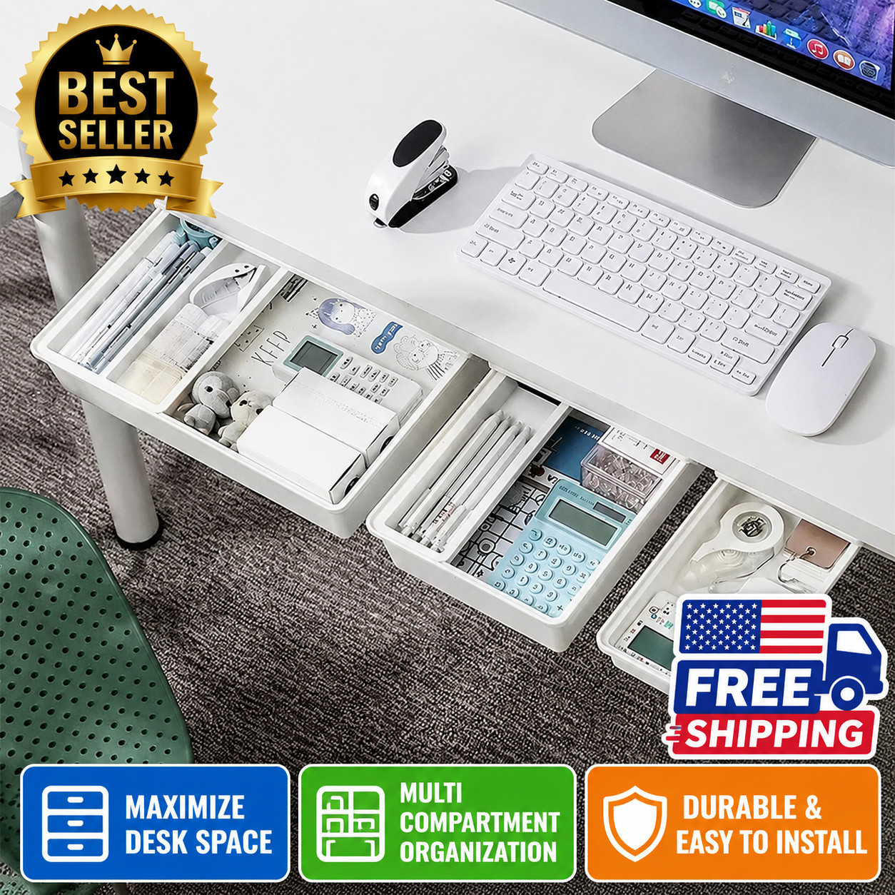 Under Desk Drawer Hidden Storage Organizer Self Adhesive Office Home Tray.