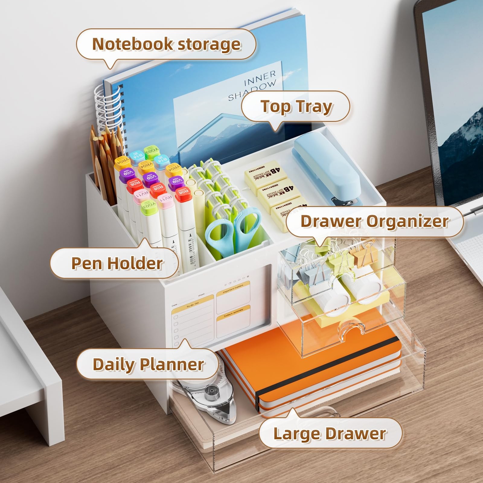 Marbrasse Desk Organizer with 3 Drawer, Multi-Functional Pencil Pen White