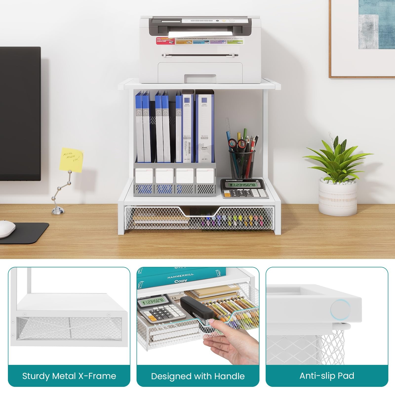 ELITEROO Printer Stand for Desk with Storage Drawer, 2 Tier White Drawer