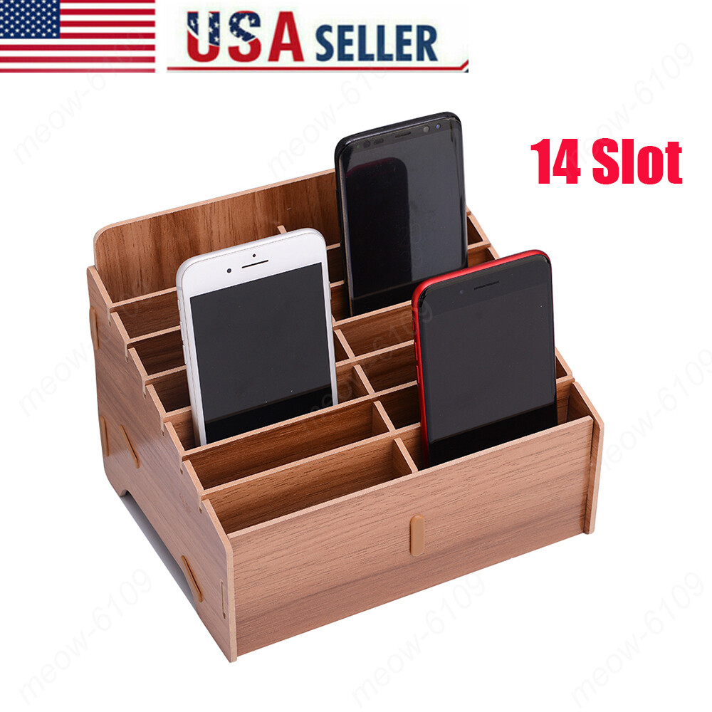 14 Slot Lattices Top Desk Organizer DIY Wooden Phone Holder Pen Box Storage Case