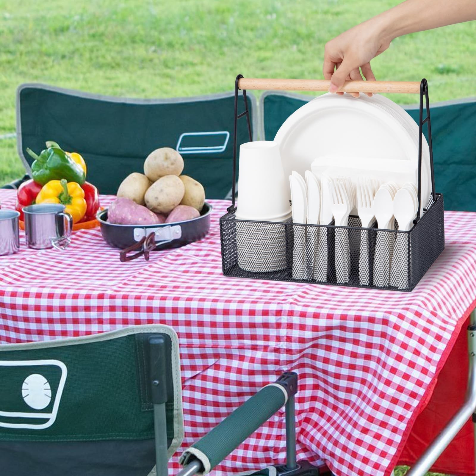 Countertop Paper Plate Organizer & Metal Cutlery Caddy for Utensils, Napkins, Pi