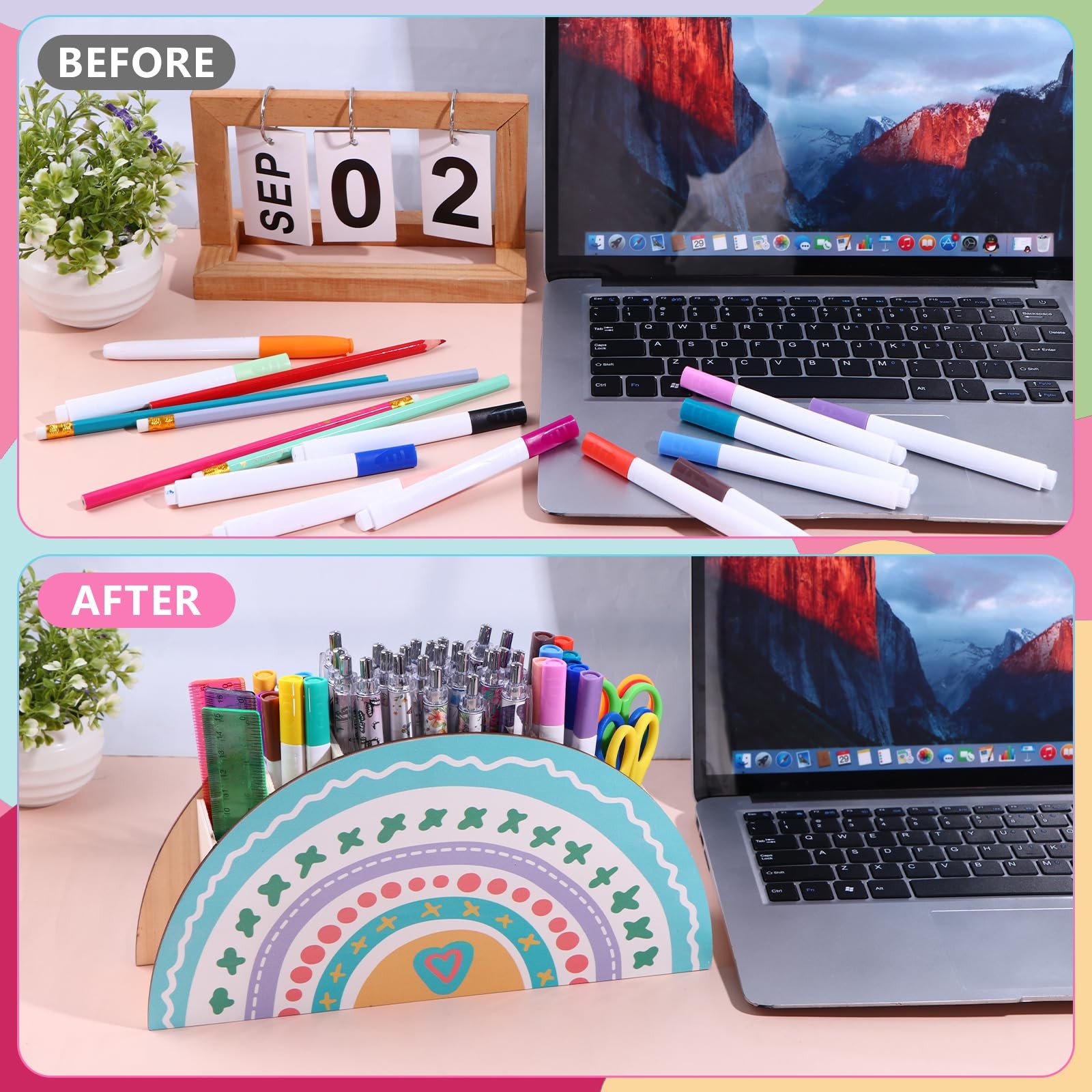 2 Pcs Rainbow Pencil Holder Rainbow Wooden Desk Organizer Boho Decorative Pen…