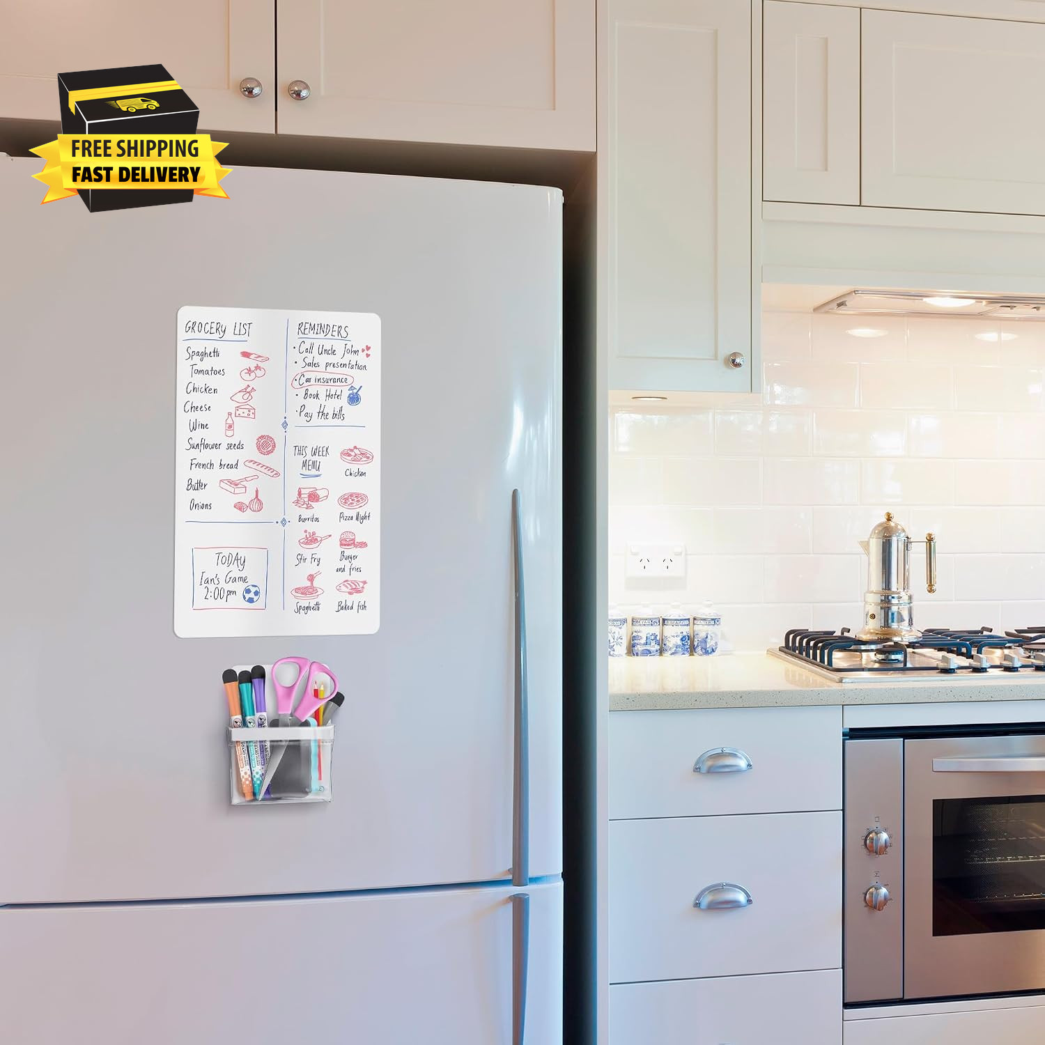 Magnetic Pen Holder for Refrigerator with Strong Magnetic Back, Dry Erase Marker