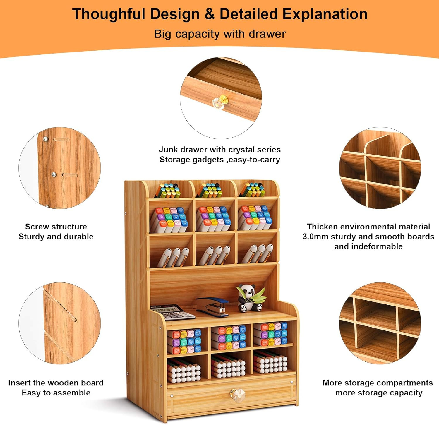 Wooden Desk Stationary Organizer, Multi-Functional Pen Holder, Storage Rack for