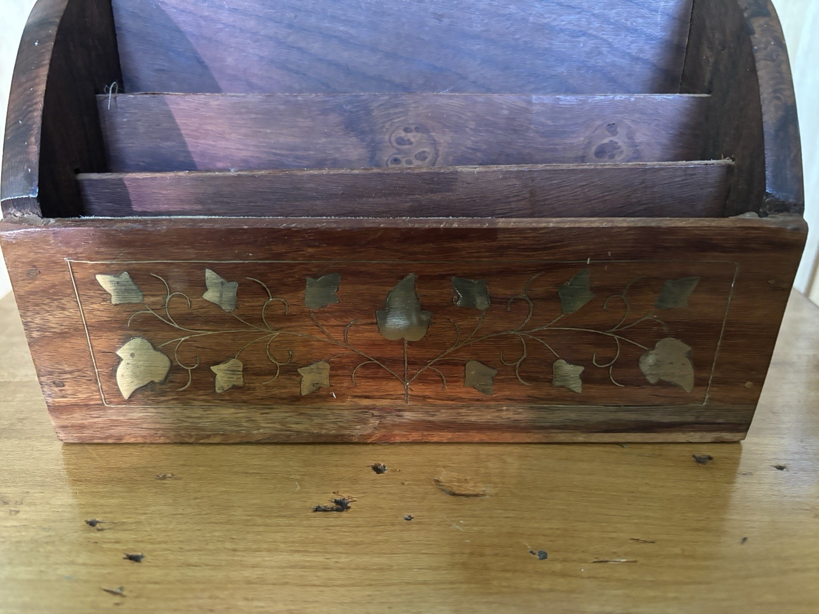Vintage Handcrafted Rosewood Letter Holder Inlaid Brass Ivy Leaf Desk Organizer