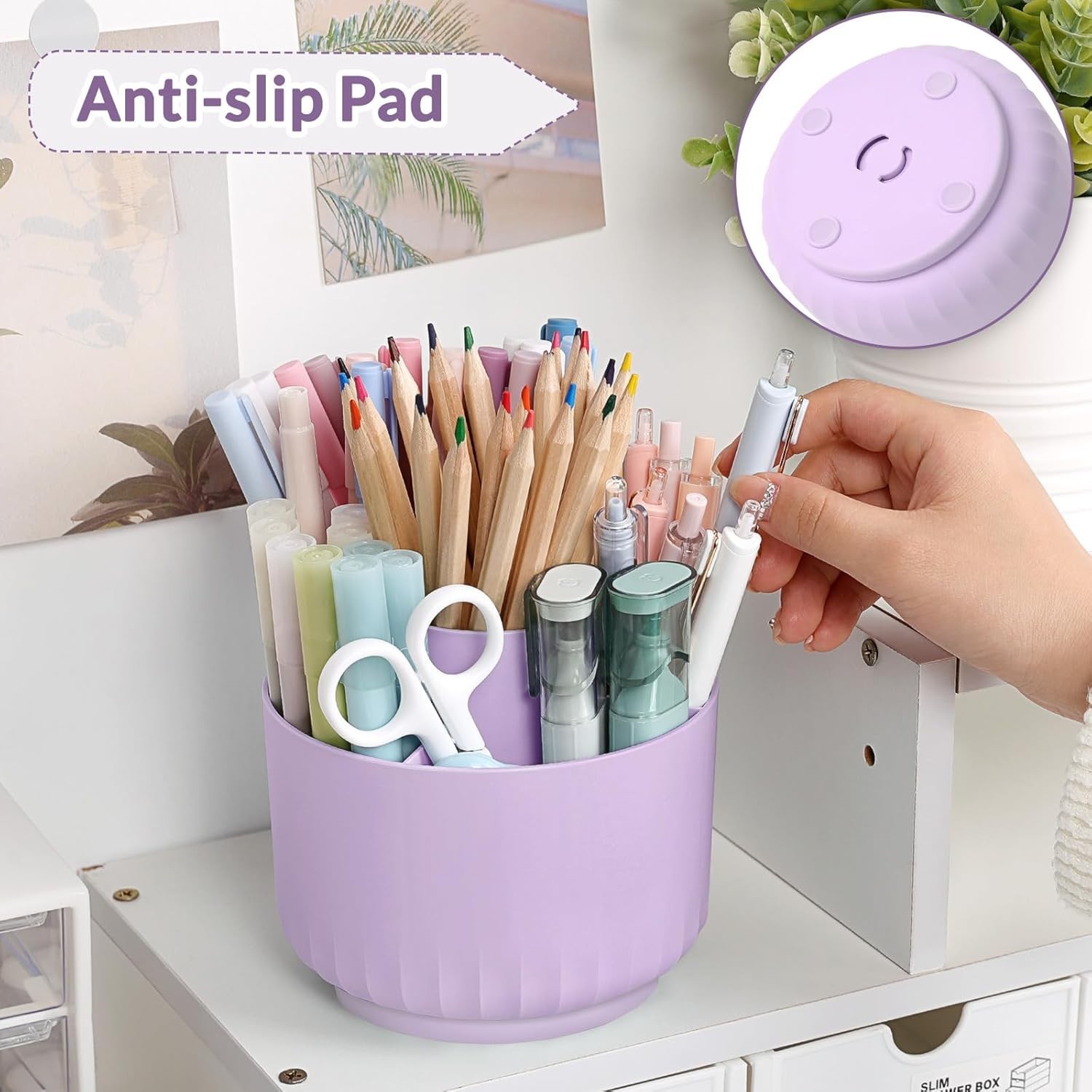 360 Degree Rotating Desk Organizer Dual-Purpose Pencil Pen Holder Purple