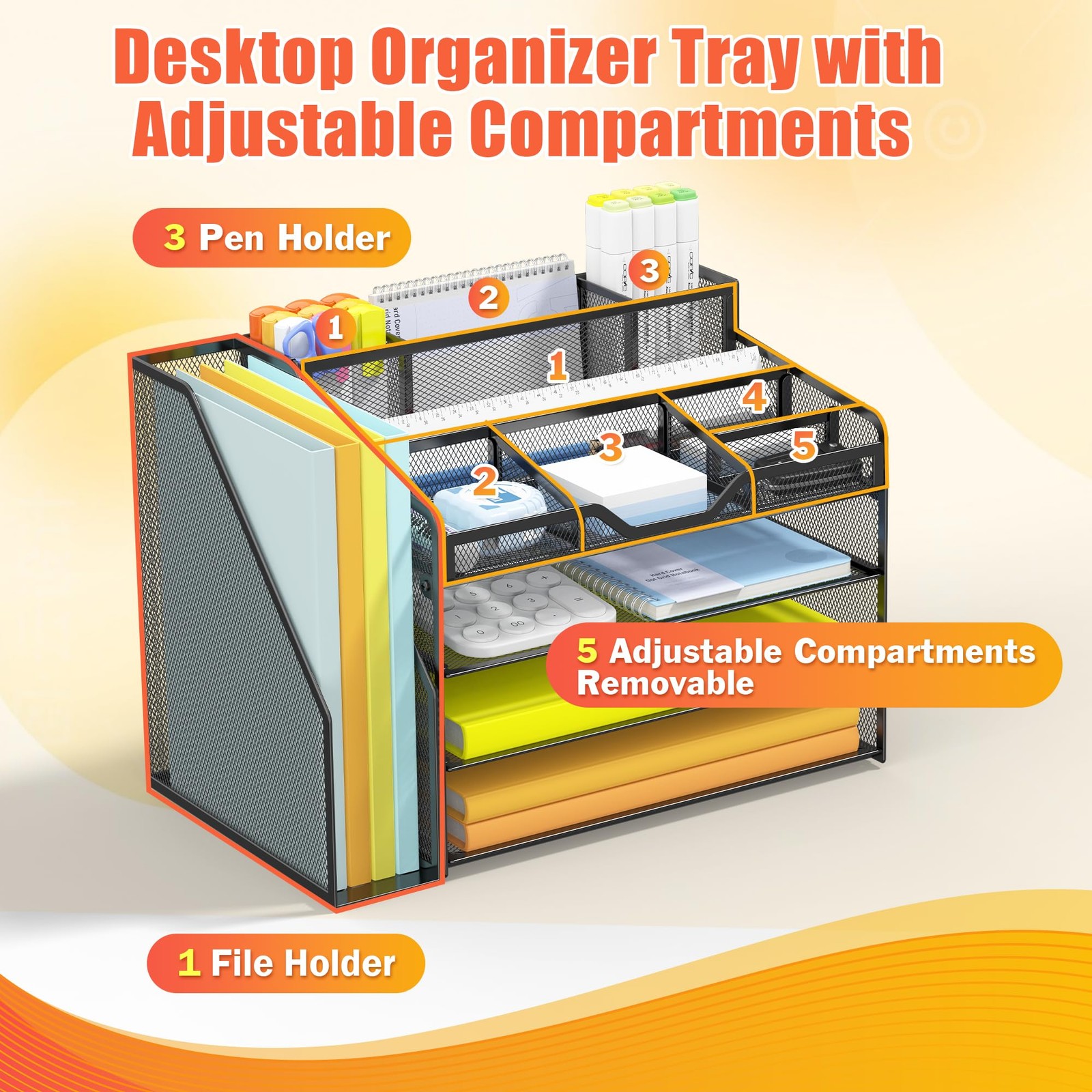4 Tier Mesh Desk Organizer File Tray Desktop Storage with Pen Holders