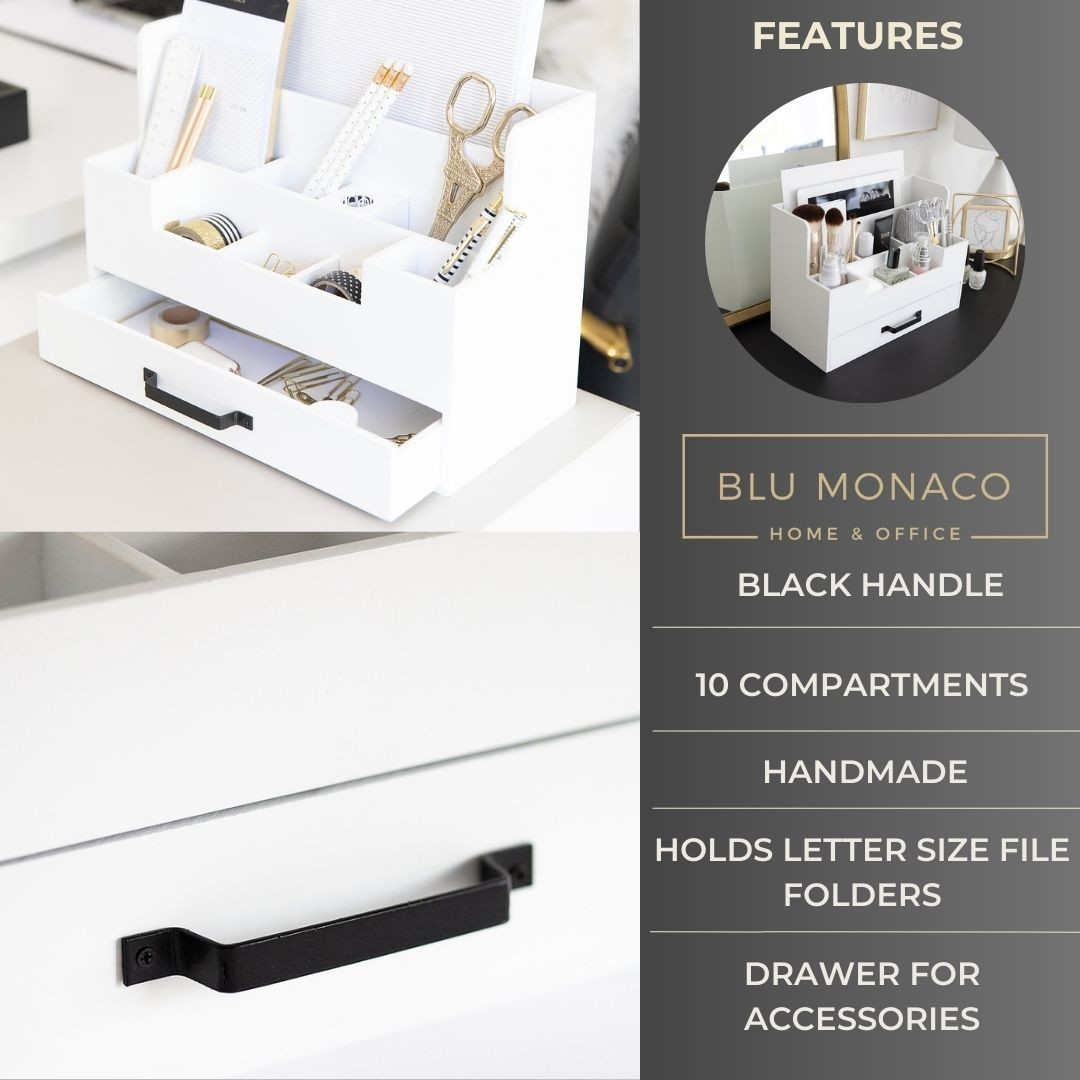 White Wooden Desk Organizer with Drawer – Office Desk Accessories and Organizer