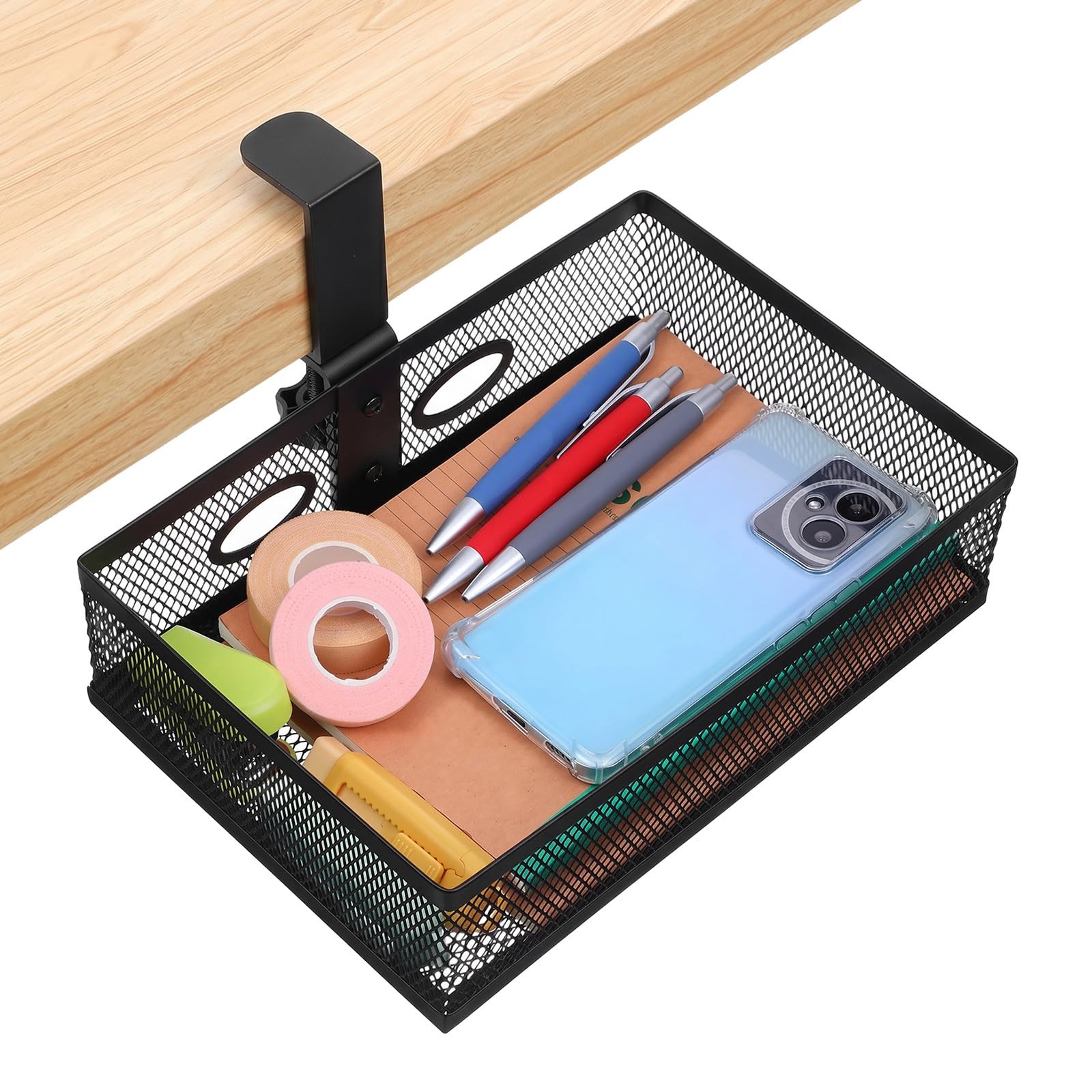 Under Desk Storage Organizer 360 Degree Rotating Under Drawer with Large Mesh…