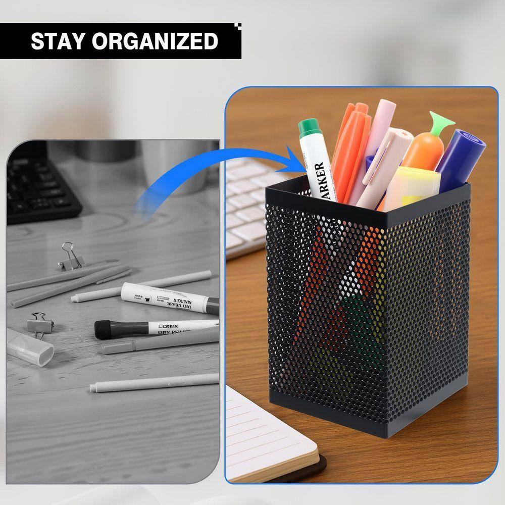 10 Pack Black Mesh Pen Holder Non-Slip Base Foam Pad Metal Wire Pencil Cup Moder
