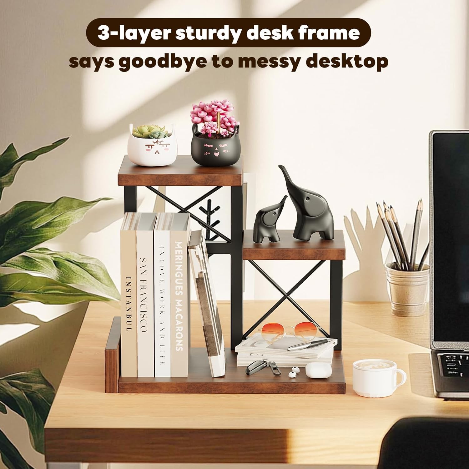 Abiglifty Desk Shelf Organizer, Wooden Desktop Organizers, 3 Tier Desk Hutch Sma