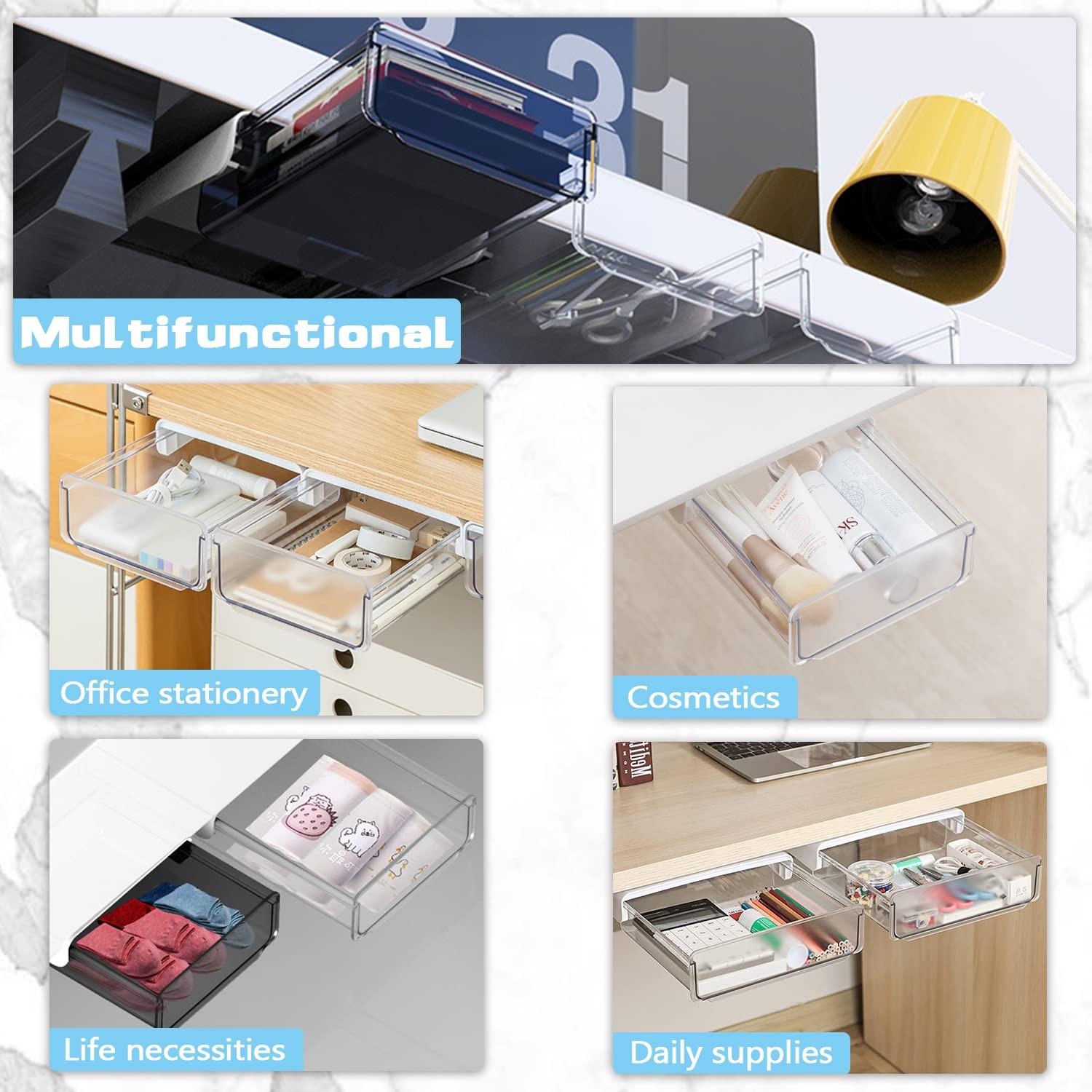 2 PCS White SelfAdhesive Under Desk Drawer Large Slide Out Hidden Tray