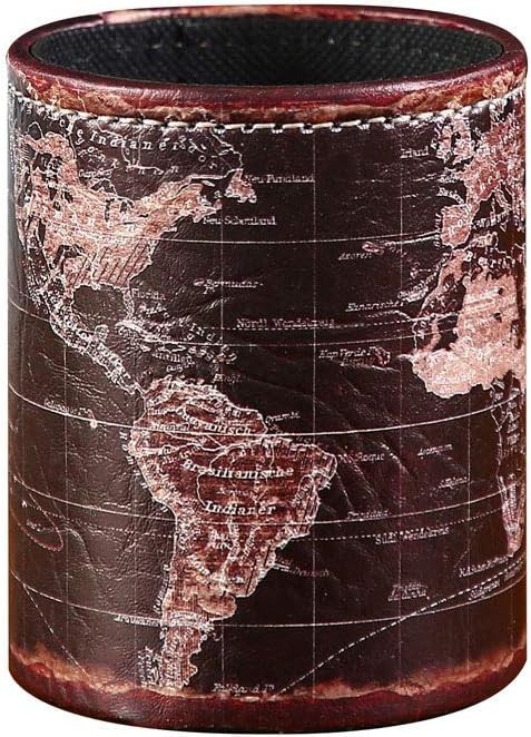 Black World Map Pencil Holder for Desk, PU leather Pencil Cup, Globe Pen Holder