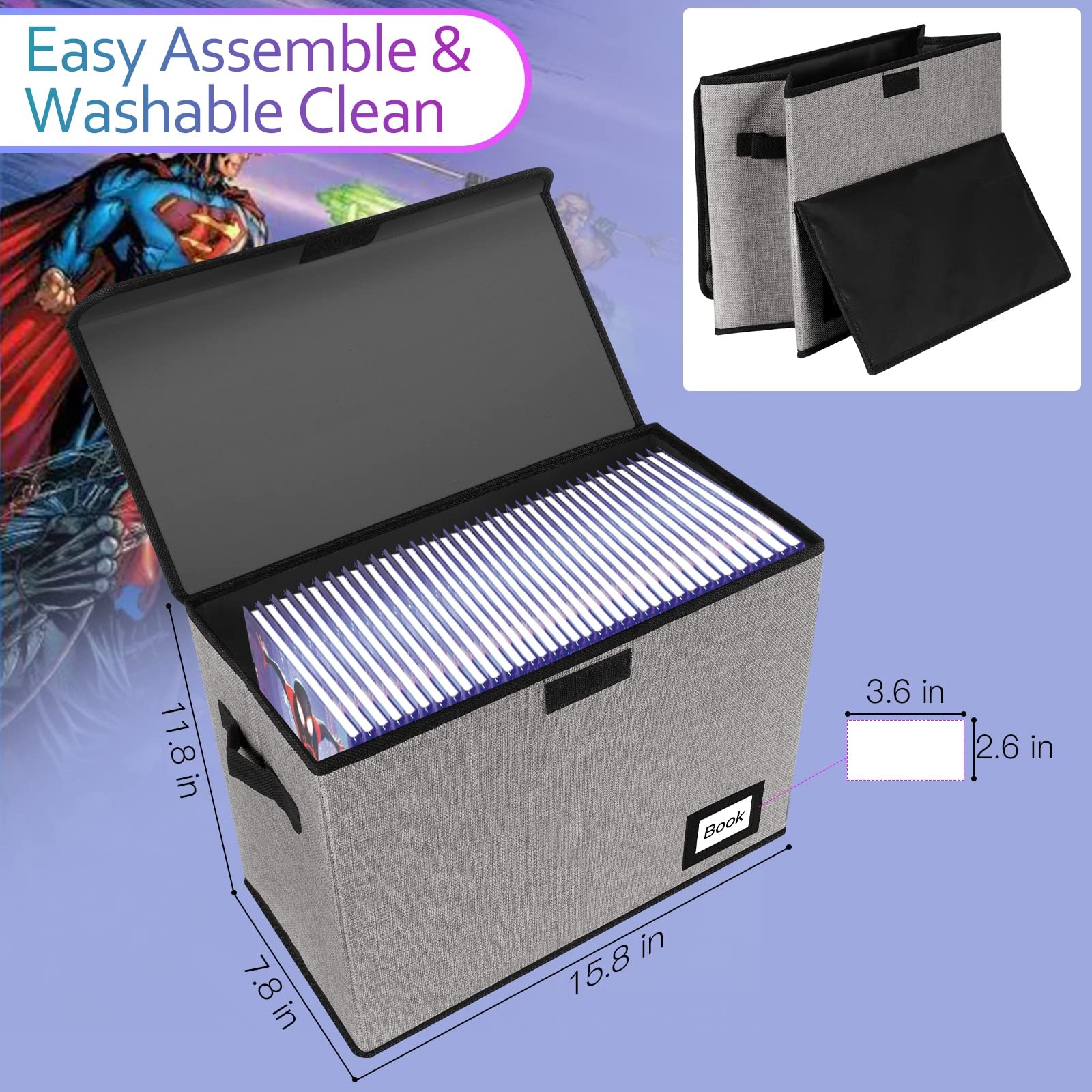 YNSZAS Collection Comic Book Storage Box, 15.8″ X 7.8″ X Pack of 1, Grey