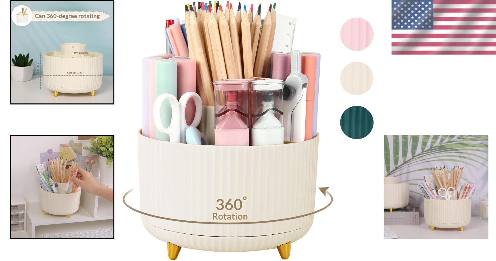 Elegant 360-Degree Rotating Desk Organizer with 5 Slots – Beige Plastic