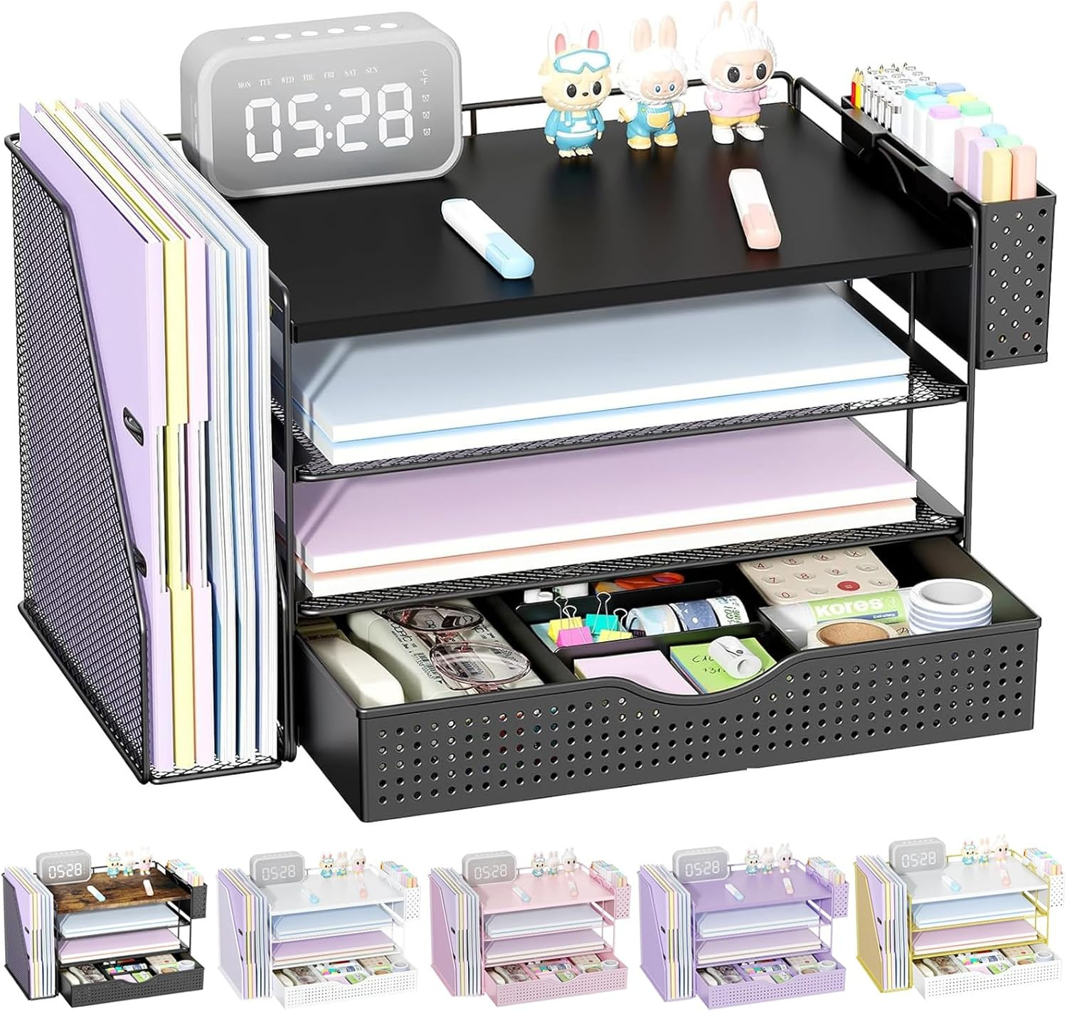 Wood Desk Organizer with File Holder 4 Tier Drawer Pen Holder Black
