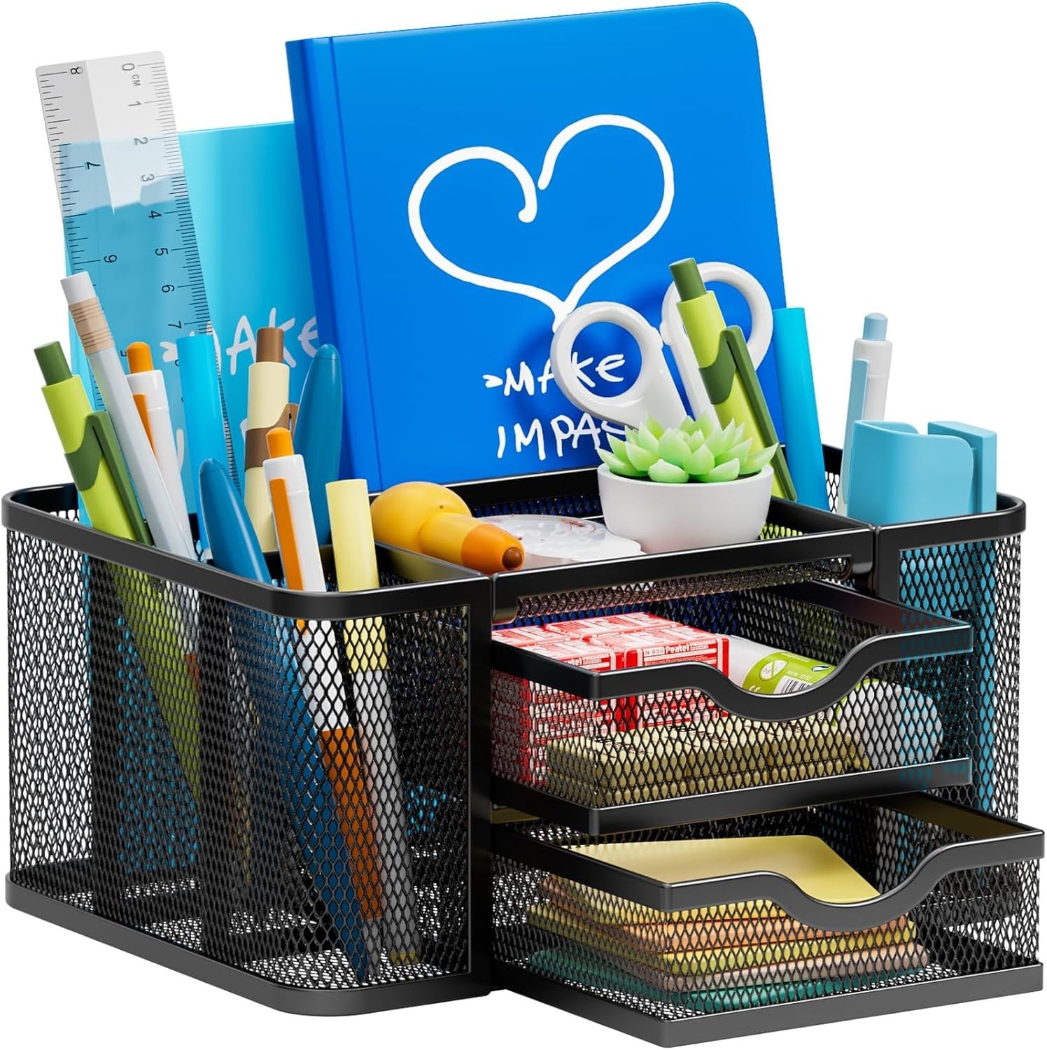 Mesh Desk Organizer, Pen Organizer with 2 Drawer, Multi-Functional Pencil Hol…