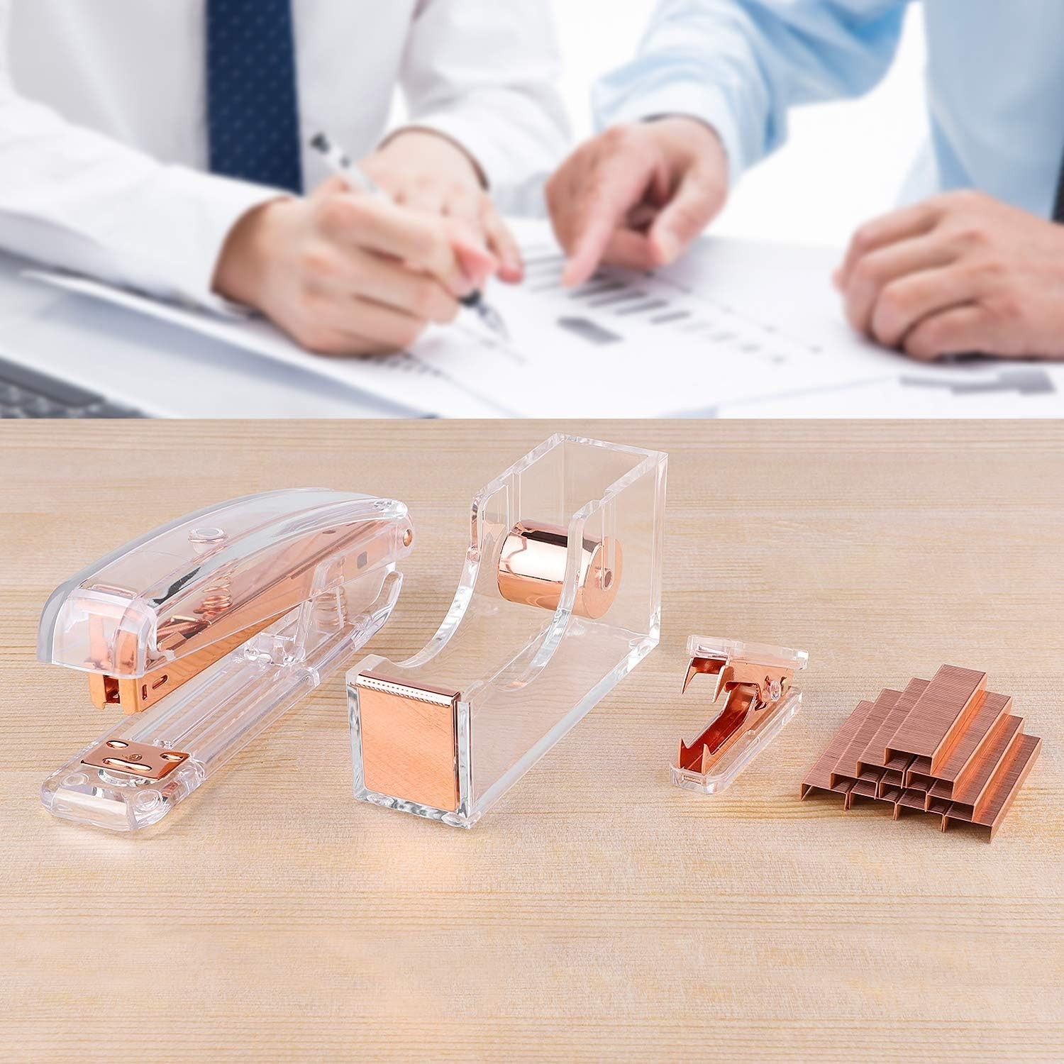 Complete Rose Gold Desk Accessory Set: Stapler, Tape Dispenser & Stapler Remover