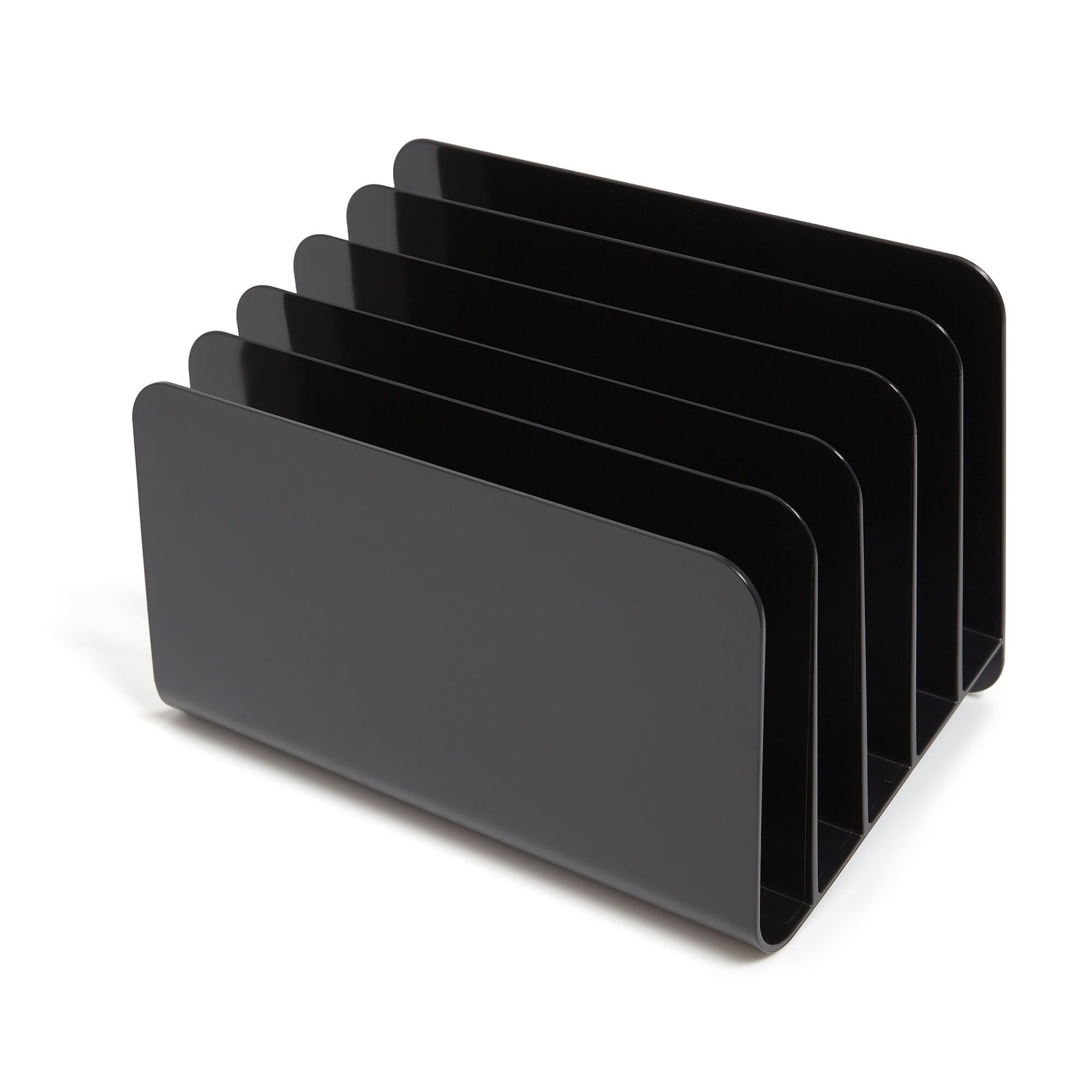 TRU RED Plastic Incline Desktop File Sorter, 5‑Slot, Black – Slanted