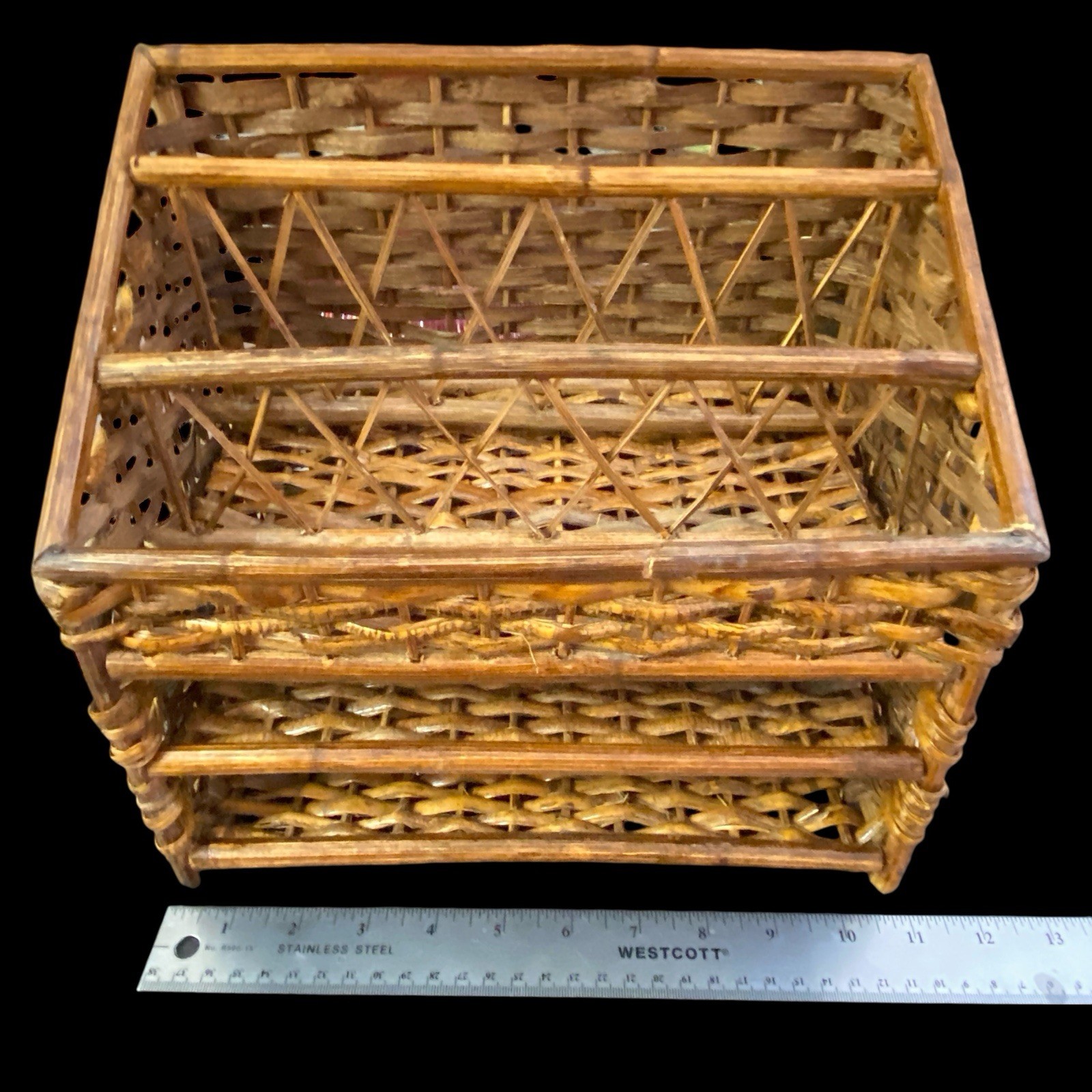 Vintage Wicker Rattan Desk Organizer Woven Shelf Office File Letter Holder READ
